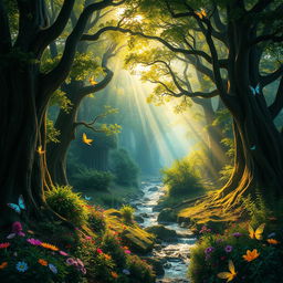 A mesmerizing enchanted forest, filled with towering ancient trees and lush green foliage, dappled with golden sunlight