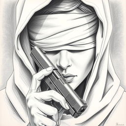 A pencil drawing of a woman's face partially hidden by a hood that covers her head and neck