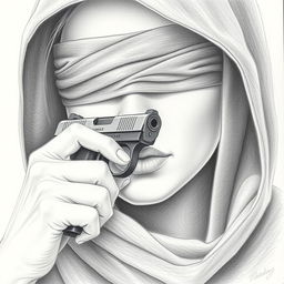 A pencil drawing of a woman's face partially hidden by a hood that covers her head and neck