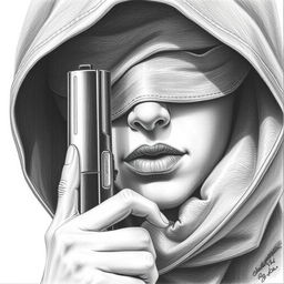 A pencil drawing of a woman's face partially hidden by a hood that covers her head and neck