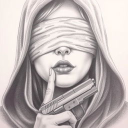A pencil drawing of a woman's face, partially obscured by a hood that covers her head and neck
