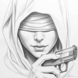 A pencil drawing of a woman's face, partially obscured by a hood that covers her head and neck