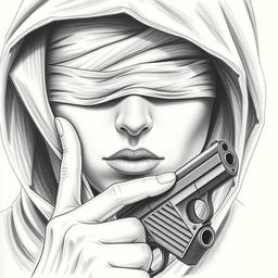 A pencil drawing of a woman's face, partially obscured by a hood that covers her head and neck