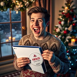 A person, excited and joyful, holding a PlayStation 5 Slim with a disc version of FIFA 25, standing amidst festive Christmas decorations