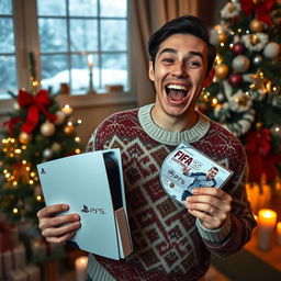 A person, excited and joyful, holding a PlayStation 5 Slim with a disc version of FIFA 25, standing amidst festive Christmas decorations