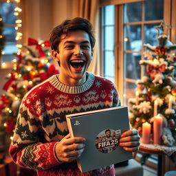A person, excited and joyful, holding a PlayStation 5 Slim with a disc version of FIFA 25, standing amidst festive Christmas decorations