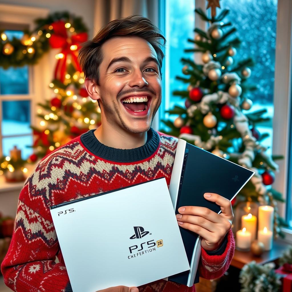 A person, excited and joyful, holding a PlayStation 5 Slim with a disc version of FIFA 25, standing amidst festive Christmas decorations