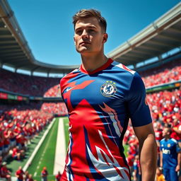 A person wearing a stylish sports jersey, showcasing a vibrant and colorful design, with prominent team logos and striking patterns