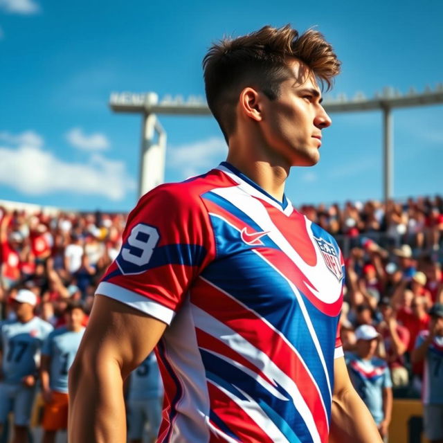 A person wearing a stylish sports jersey, showcasing a vibrant and colorful design, with prominent team logos and striking patterns