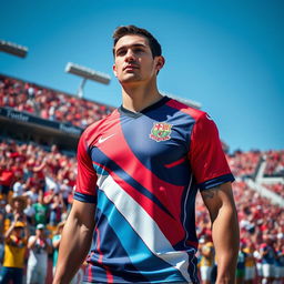 A person wearing a stylish sports jersey, showcasing a vibrant and colorful design, with prominent team logos and striking patterns