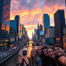 A vibrant and bustling cityscape at sunset, showcasing skyscrapers with reflective glass windows, a colorful sky filled with hues of orange, pink, and purple