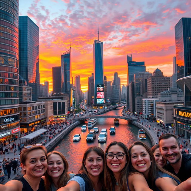 A vibrant and bustling cityscape at sunset, showcasing skyscrapers with reflective glass windows, a colorful sky filled with hues of orange, pink, and purple