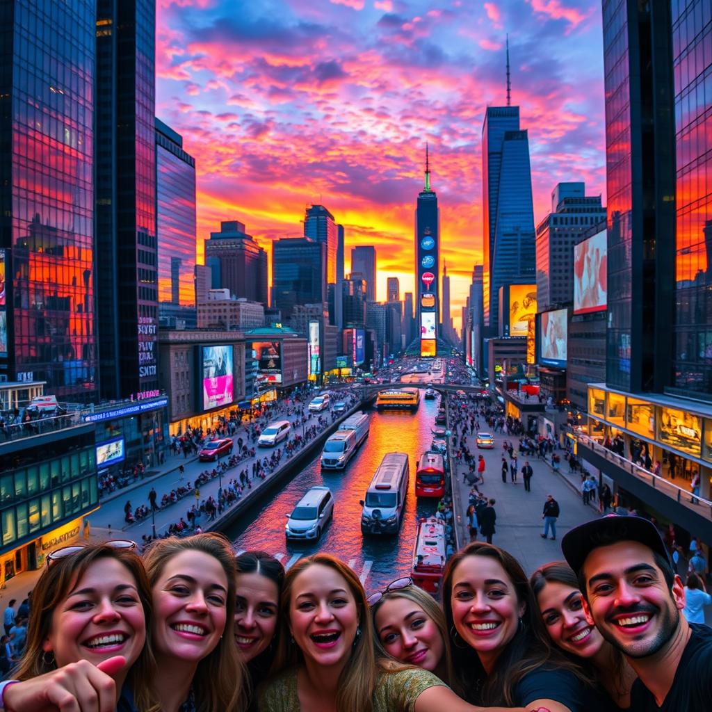 A vibrant and bustling cityscape at sunset, showcasing skyscrapers with reflective glass windows, a colorful sky filled with hues of orange, pink, and purple