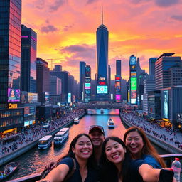 A vibrant and bustling cityscape at sunset, showcasing skyscrapers with reflective glass windows, a colorful sky filled with hues of orange, pink, and purple