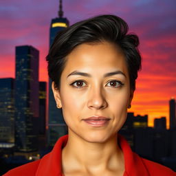 A portrait of a person with a neutral expression, the focus is on their face and upper body