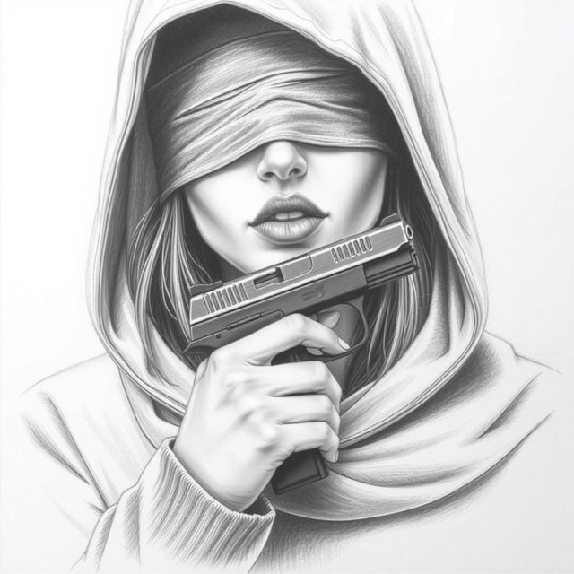 A pencil drawing of a woman's face partially obscured by a hood covering her head and neck