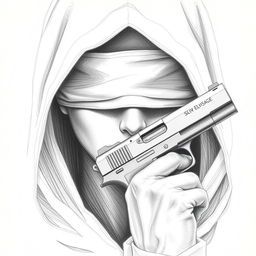 A pencil drawing of a woman's face partially obscured by a hood covering her head and neck