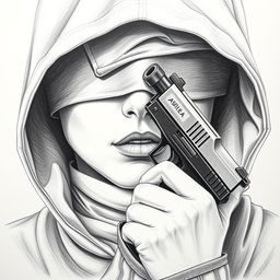 A pencil drawing of a woman's face partially obscured by a hood covering her head and neck