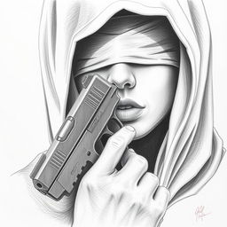 A pencil drawing of a woman's face partially obscured by a hood covering her head and neck