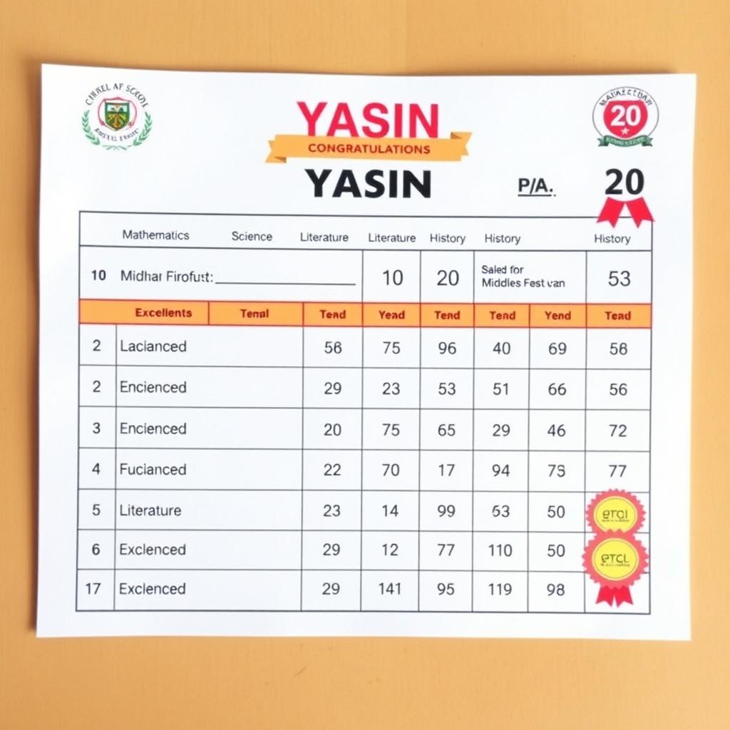 An academic report card for a middle school student named Yasin, showcasing outstanding achievements with an impressive GPA of 20