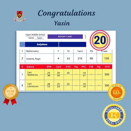 An academic report card for a middle school student named Yasin, showcasing outstanding achievements with an impressive GPA of 20