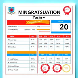 An academic report card for a middle school student named Yasin, showcasing outstanding achievements with an impressive GPA of 20