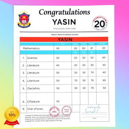An academic report card for a middle school student named Yasin, showcasing outstanding achievements with an impressive GPA of 20