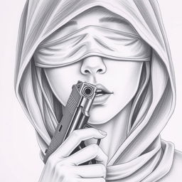 A pencil drawing of a woman's face partially obscured by a hood covering her head and neck