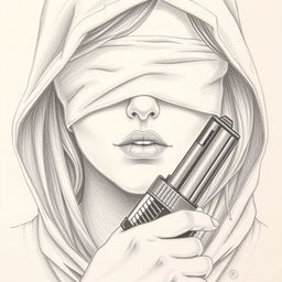 A pencil drawing of a woman's face partially obscured by a hood covering her head and neck