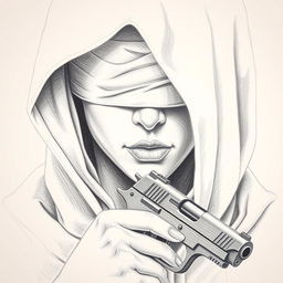A pencil drawing of a woman's face partially obscured by a hood covering her head and neck