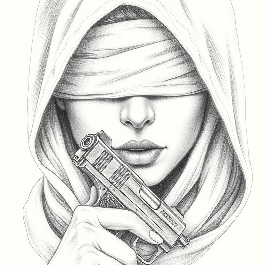 A pencil drawing of a woman's face partially obscured by a hood covering her head and neck