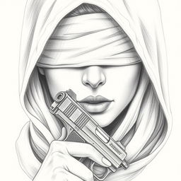 A pencil drawing of a woman's face partially obscured by a hood covering her head and neck