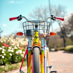 A front view of a vibrant and colorful bicycle, showcasing its sleek design and shiny metal frame