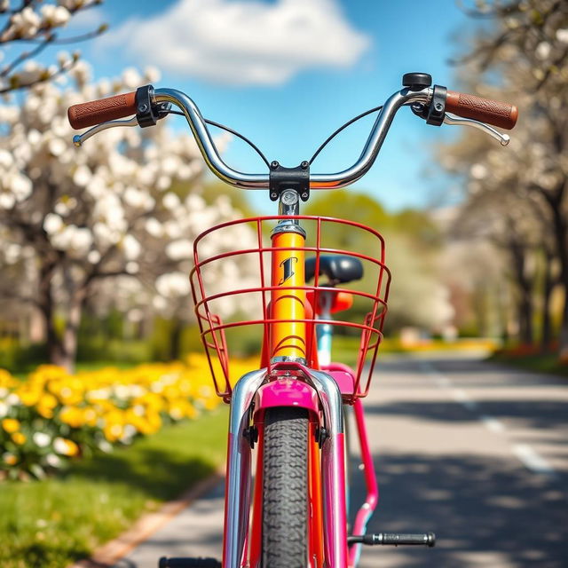 A front view of a vibrant and colorful bicycle, showcasing its sleek design and shiny metal frame