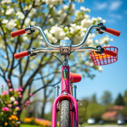 A front view of a vibrant and colorful bicycle, showcasing its sleek design and shiny metal frame