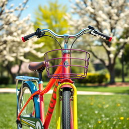 A front view of a vibrant and colorful bicycle, showcasing its sleek design and shiny metal frame