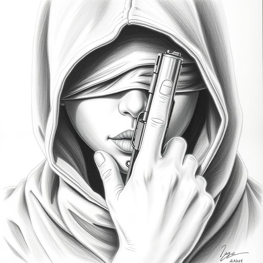 A pencil drawing of a woman's face partially hidden by a hood covering her head and neck