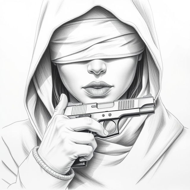 A pencil drawing of a woman's face partially hidden by a hood covering her head and neck