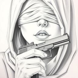 A pencil drawing of a woman's face partially hidden by a hood covering her head and neck