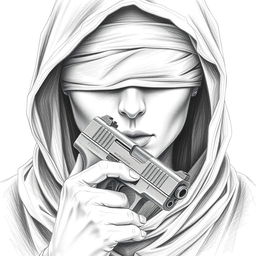 A pencil drawing of a woman's face partially hidden by a hood covering her head and neck