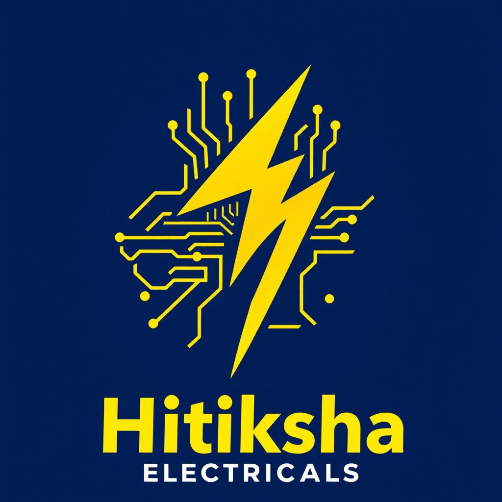 A vibrant and modern logo design for 'Hitiksha Electricals', featuring a dynamic combination of electric yellow and deep blue colors