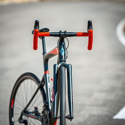 A front view of a sleek racing bicycle, showcasing its aerodynamic design and lightweight frame