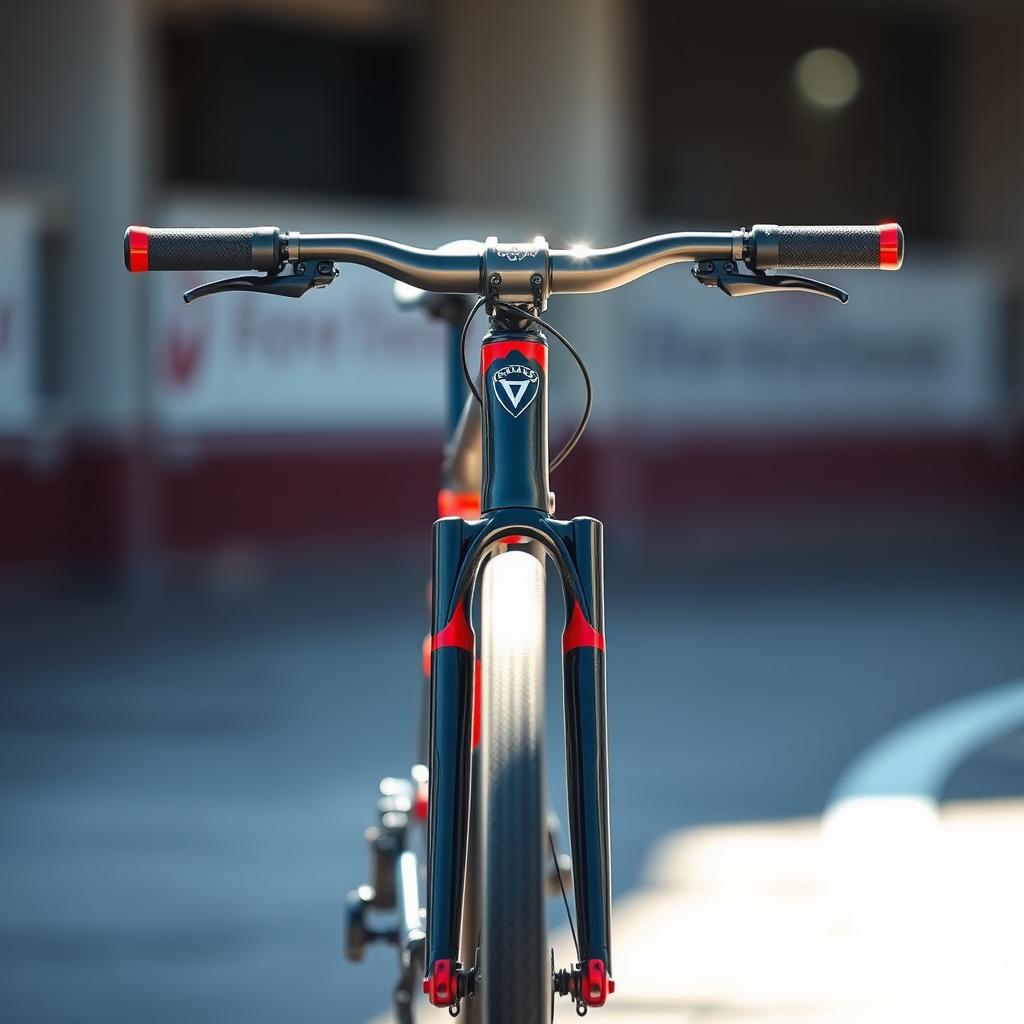 A front view of a sleek racing bicycle, showcasing its aerodynamic design and lightweight frame