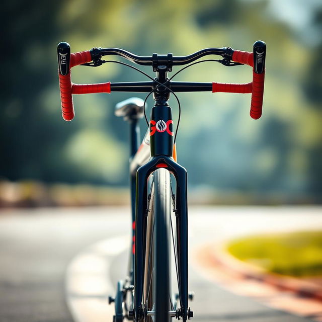 A front view of a sleek racing bicycle, showcasing its aerodynamic design and lightweight frame