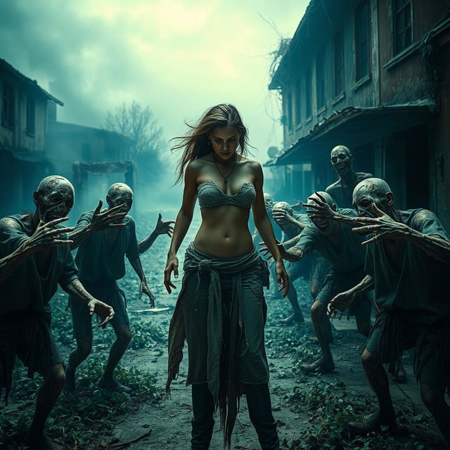 A dramatic and intense scene featuring a fearless topless woman with a fierce expression, standing bravely in an apocalyptic landscape