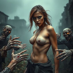 A dramatic and intense scene featuring a fearless topless woman with a fierce expression, standing bravely in an apocalyptic landscape