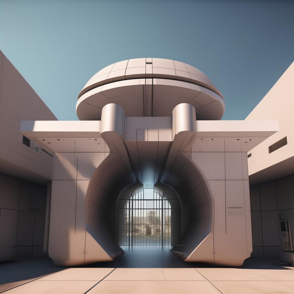 front view of gate of futuristic maximum-security penitentiary with cameras in broad daylight based on https://files.dreamhome.software/files/static/37174