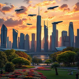 A futuristic city skyline at sunset, featuring sleek, towering skyscrapers made of glass and steel with intricate designs