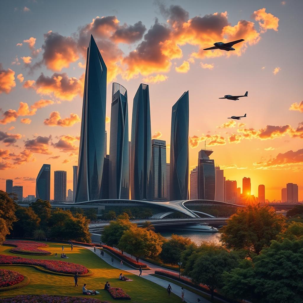 A futuristic city skyline at sunset, featuring sleek, towering skyscrapers made of glass and steel with intricate designs