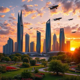 A futuristic city skyline at sunset, featuring sleek, towering skyscrapers made of glass and steel with intricate designs